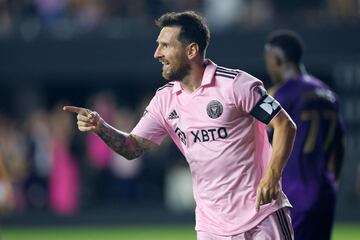 Lionel Messi celebrates after scoring a goal during the Leagues Cup 2023 Round of 32 match between Orlando City SC and Inter Miami CF at DRV PNK Stadium.